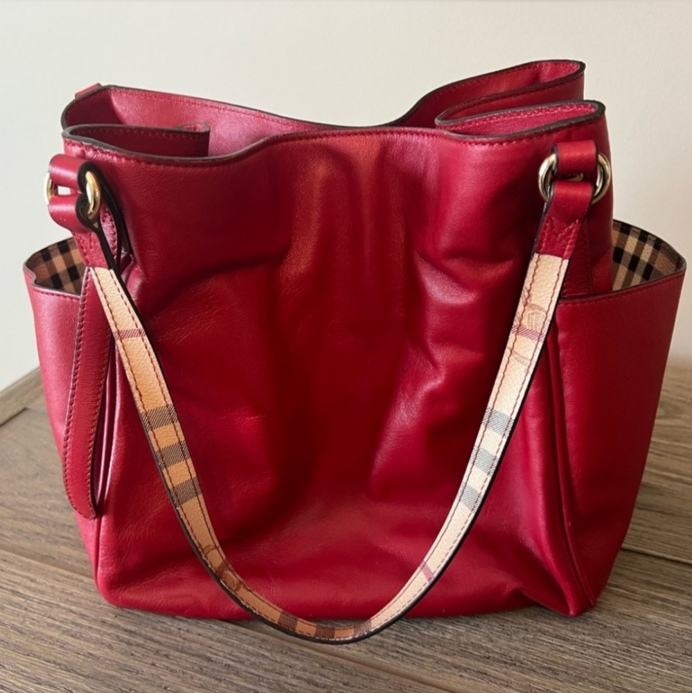 Burberry Red Leather Shoulder Bag with Check Trim - Picture 4 of 16